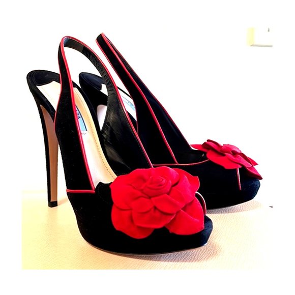 Prada Shoes - PRADA Nero Rose, Black Luxury Suede, Peep-toe, Sling-Back Pump Heels, NWT